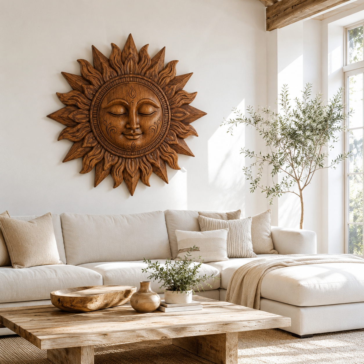 Carved Sun Face Wood Wall Art