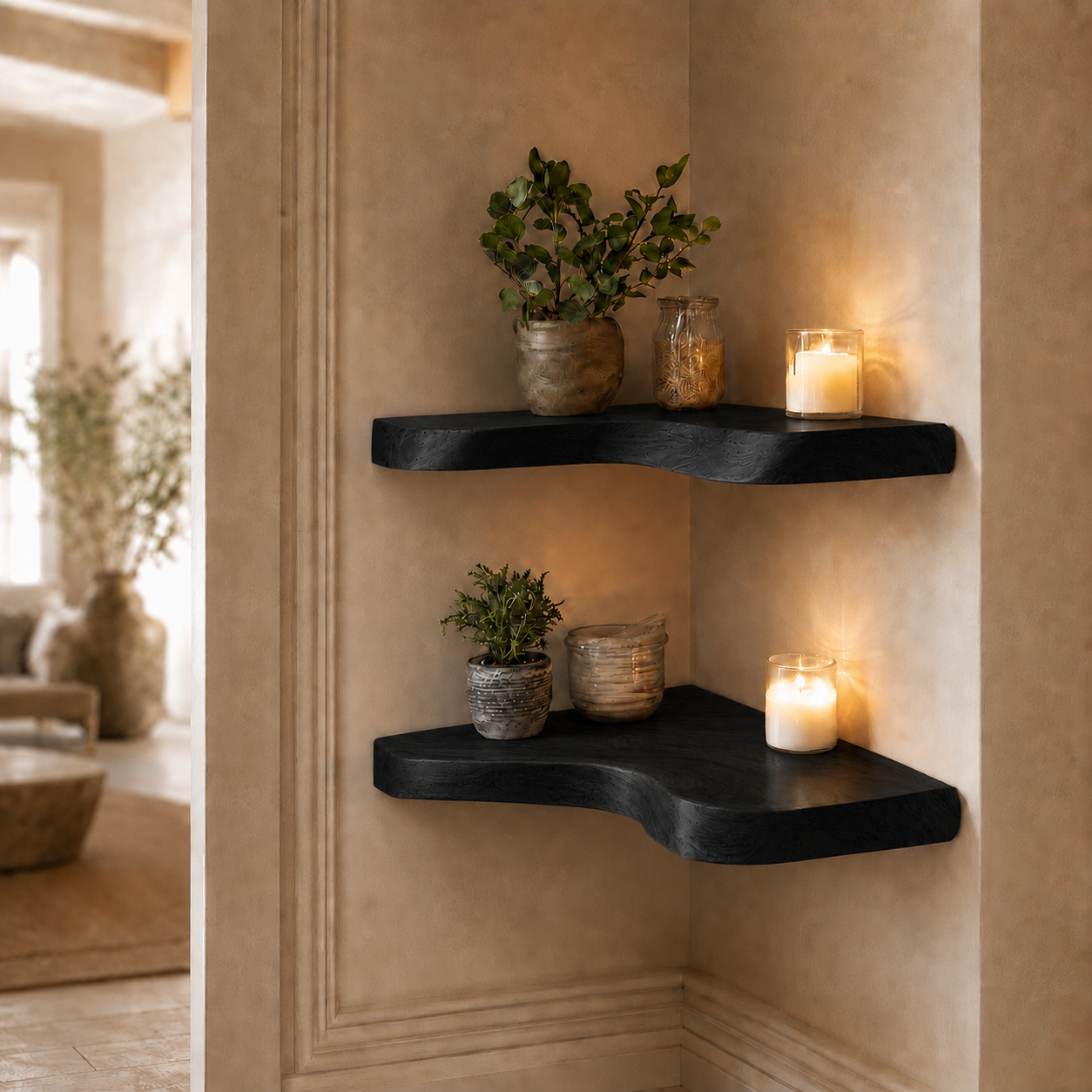 Live Edge Corner Shelves – Solid Wood Floating Shelves for Home Decor