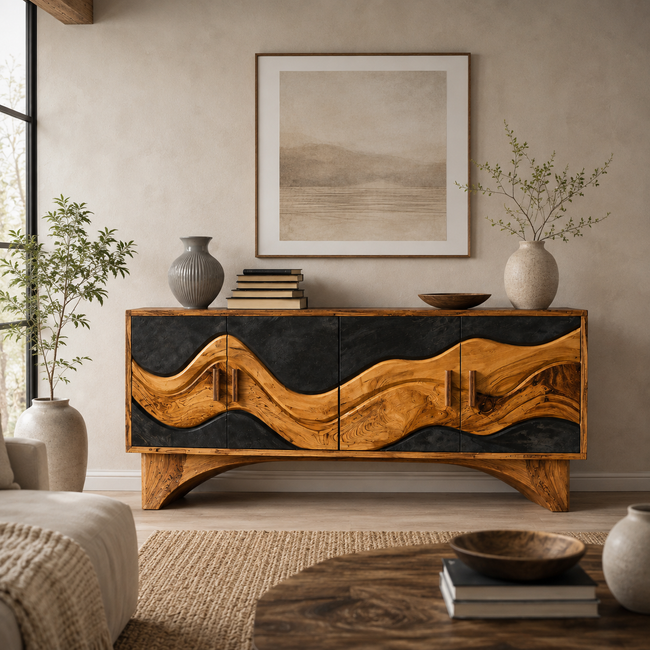 Wave Inlay Wood Sideboard Cabinet Hover Image