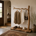 Natural Tree Branch Coat Rack – Handmade Solid Wood Entryway Shelf with Hooks for Rustic Home Decor