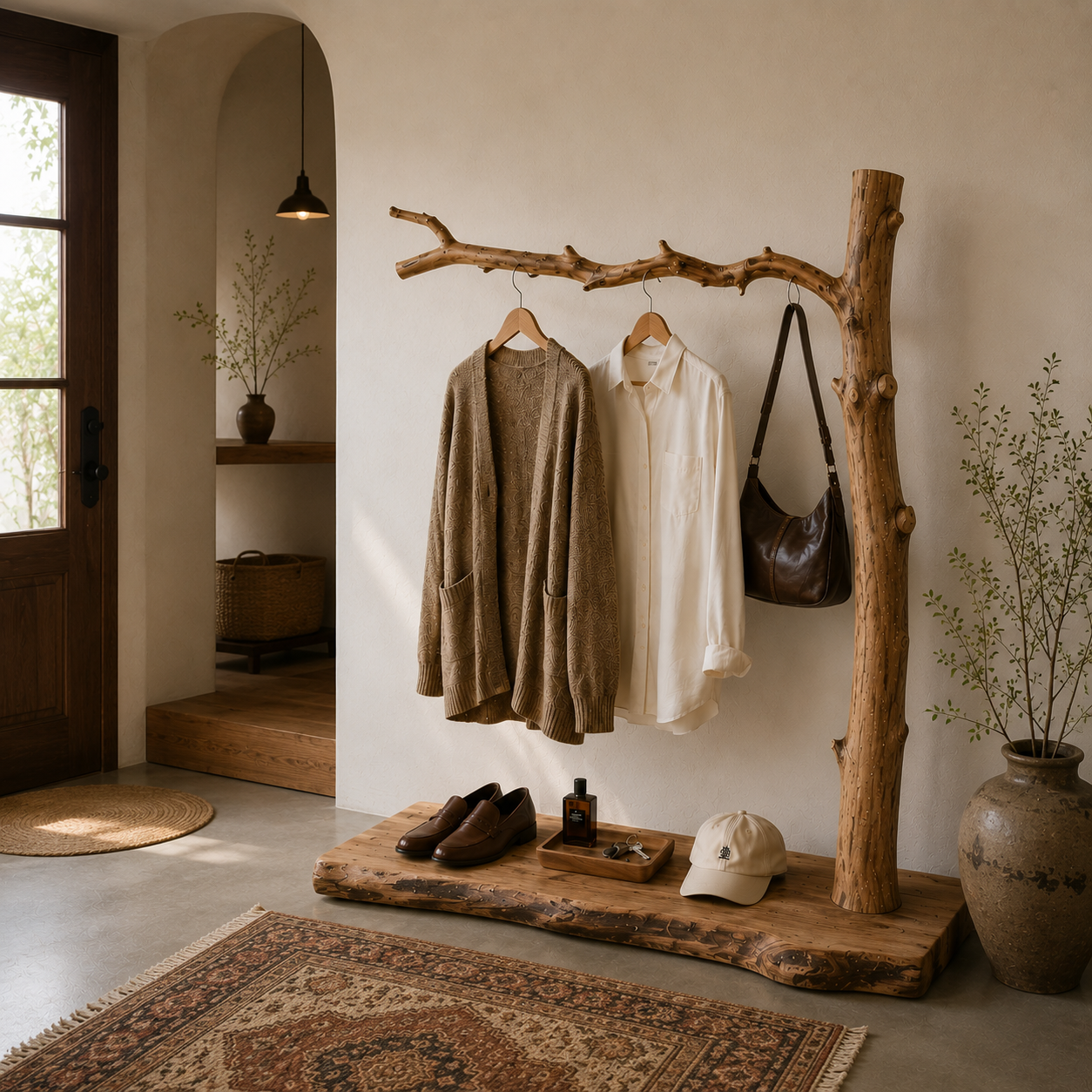Natural Tree Branch Coat Rack – Handmade Solid Wood Entryway Shelf with Hooks for Rustic Home Decor
