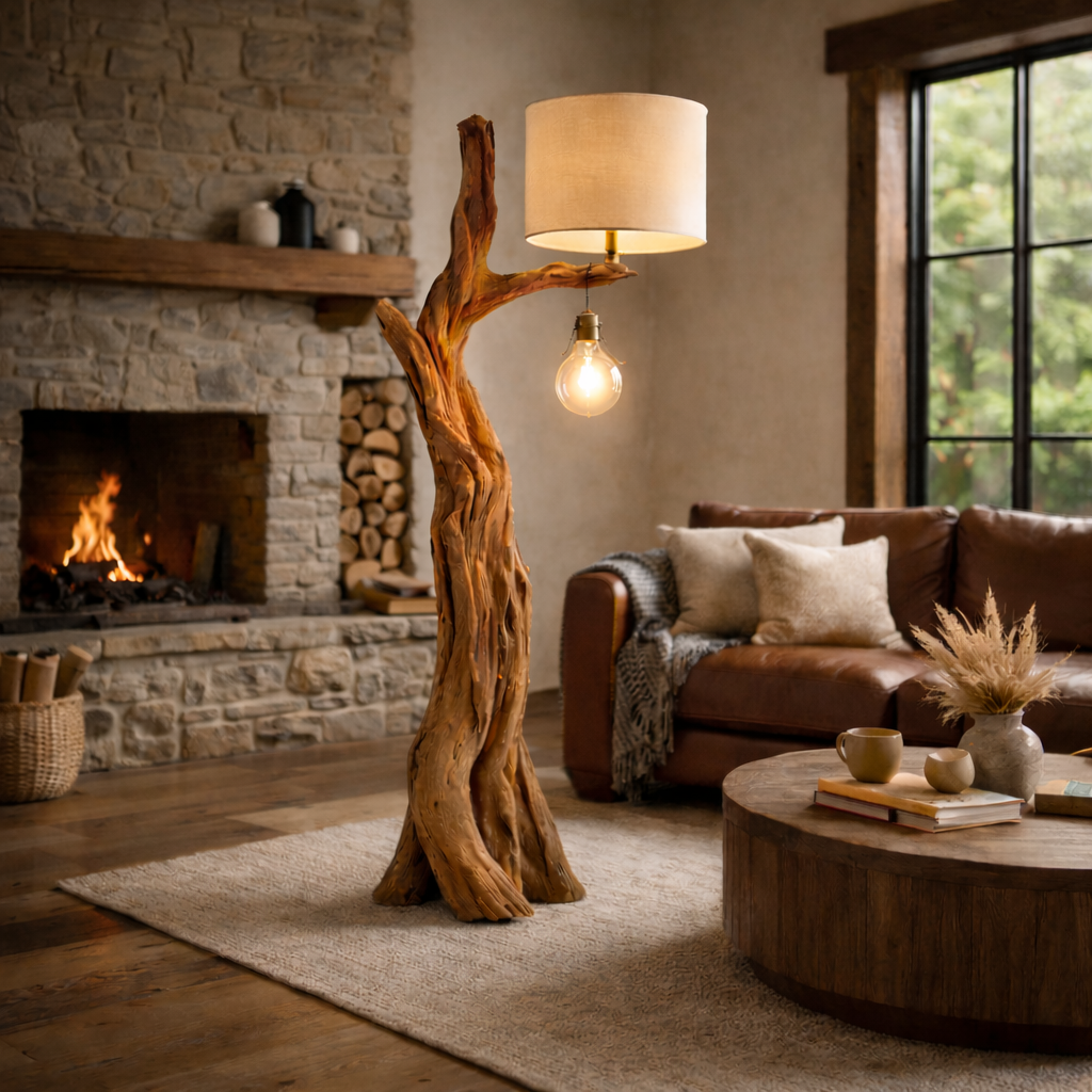 Sculptural Standing Lamp – Solid Wood Floor Light for Living Room Decor
