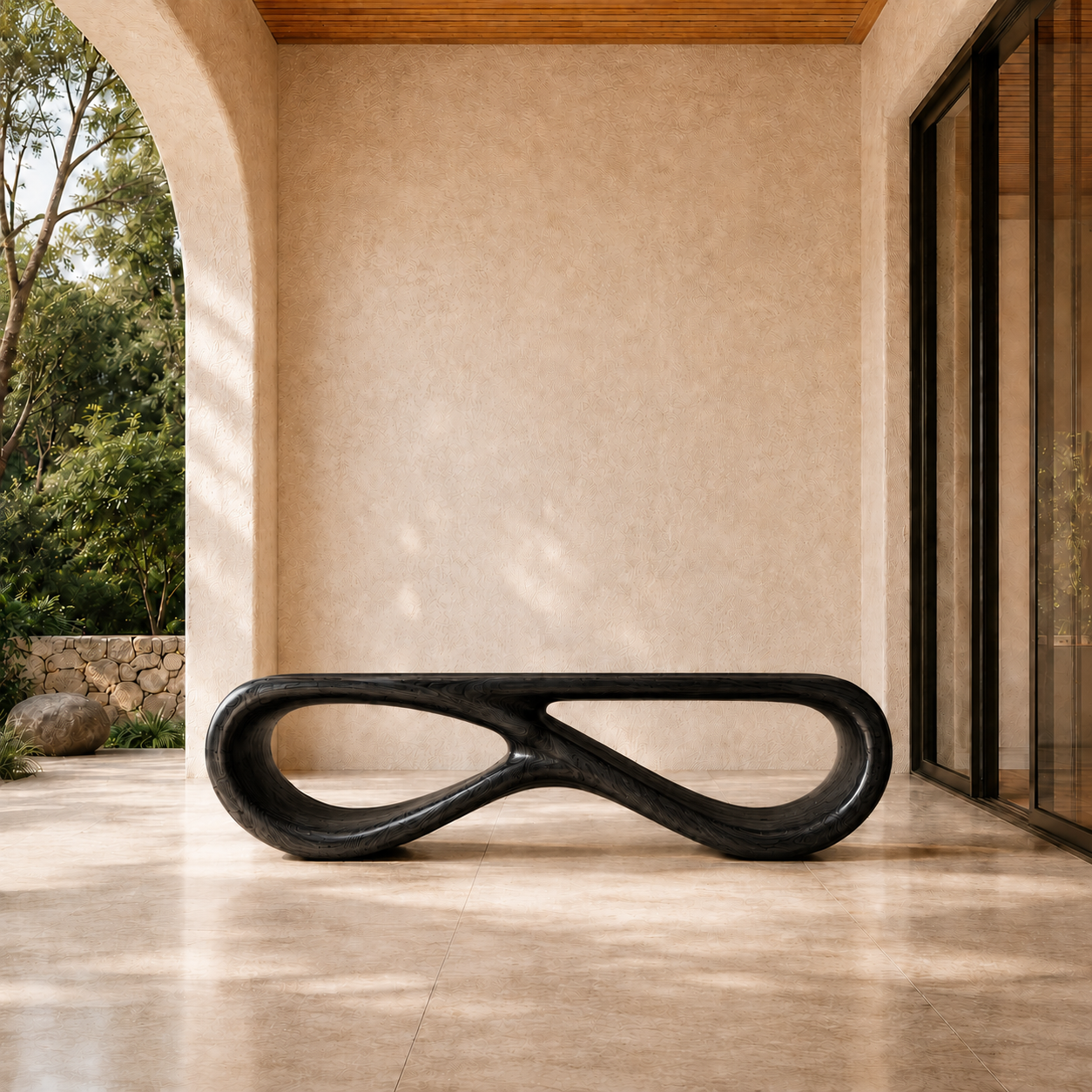 Infinity Bench – Sculptural Solid Wood Bench for Modern Living Room
