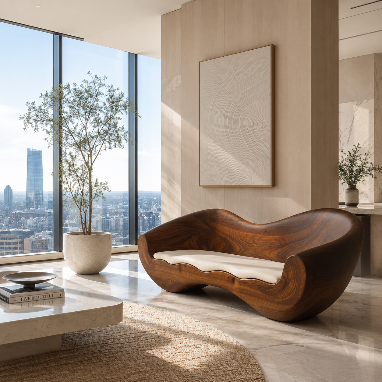 Solid Wood Wave Lounge Chair – Sculptural Accent Chair