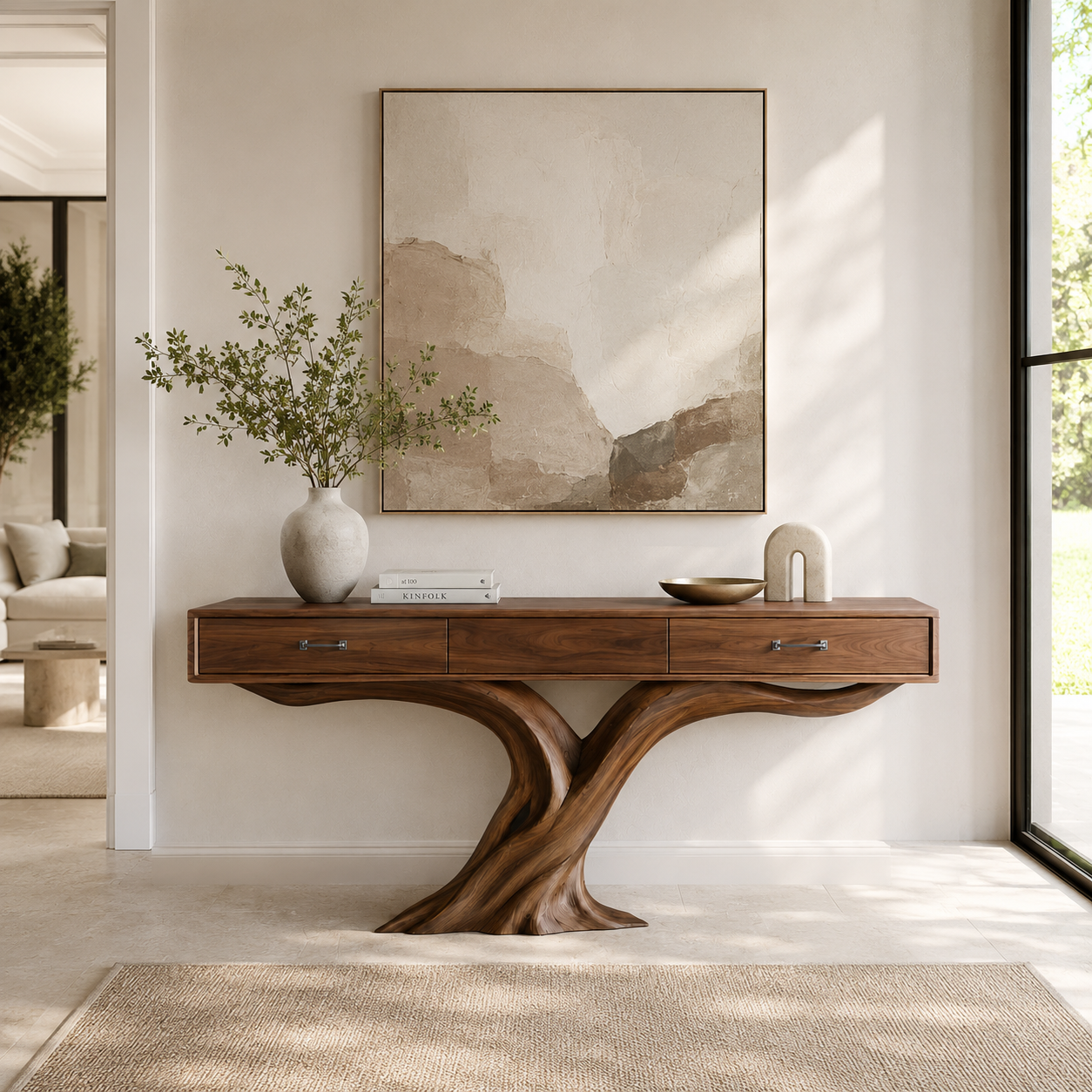 Sculptural Console Table – Solid Wood Entryway Table with Curved Base