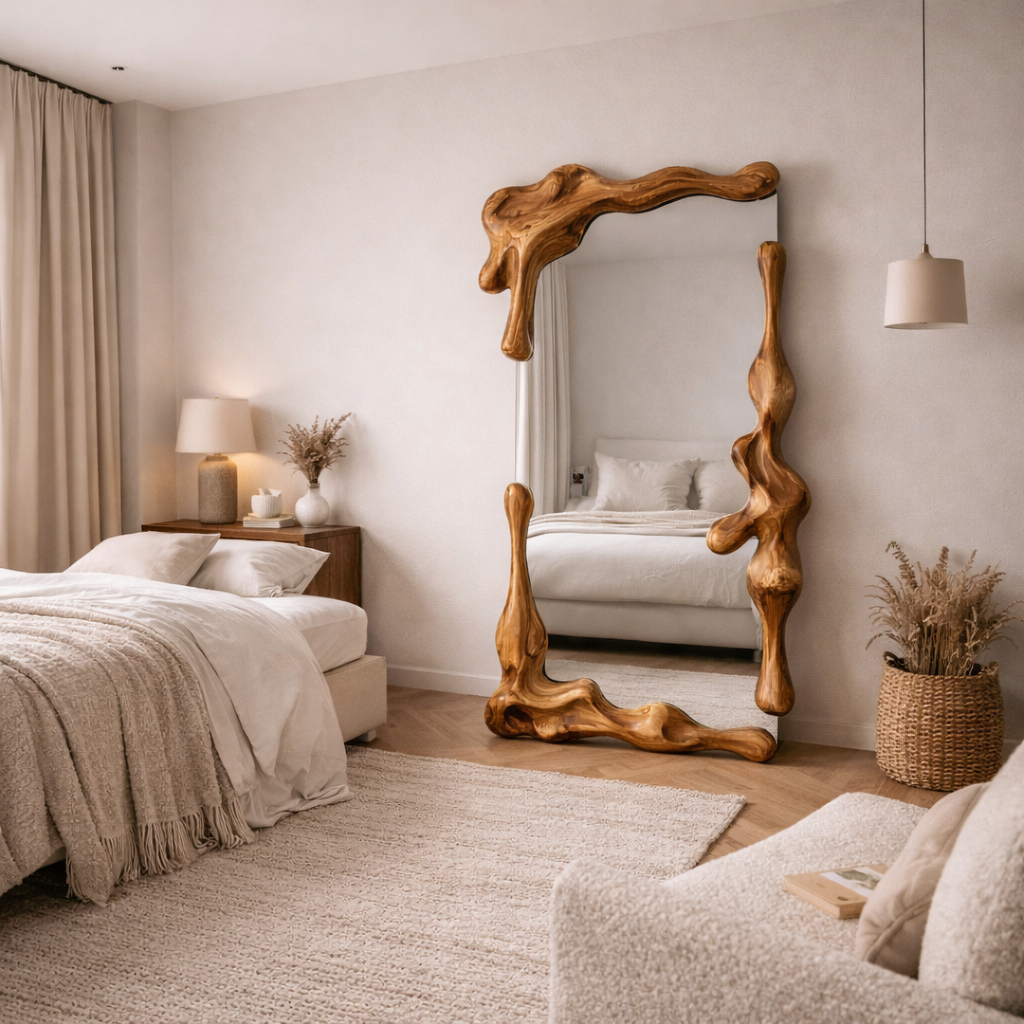 Sculptural Hand-Carved Solid Wood Floor Mirror – Full Length