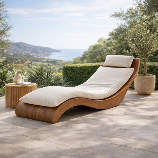 Curved Chaise Lounge – Wooden Lounge Chair for Indoor and Outdoor Relaxation Hover Image