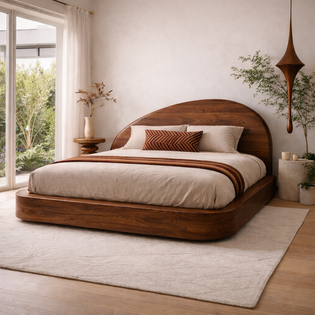 Minimalist Wooden Bed Frame with Curved Headboard – Organic Design