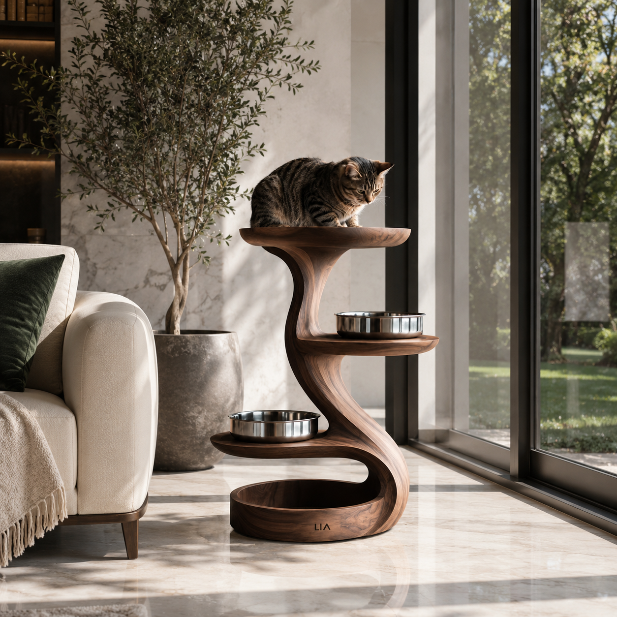Wood Cat Tree Feeder – Solid Wood Multi-Level Cat Feeding Station for Home Decor
