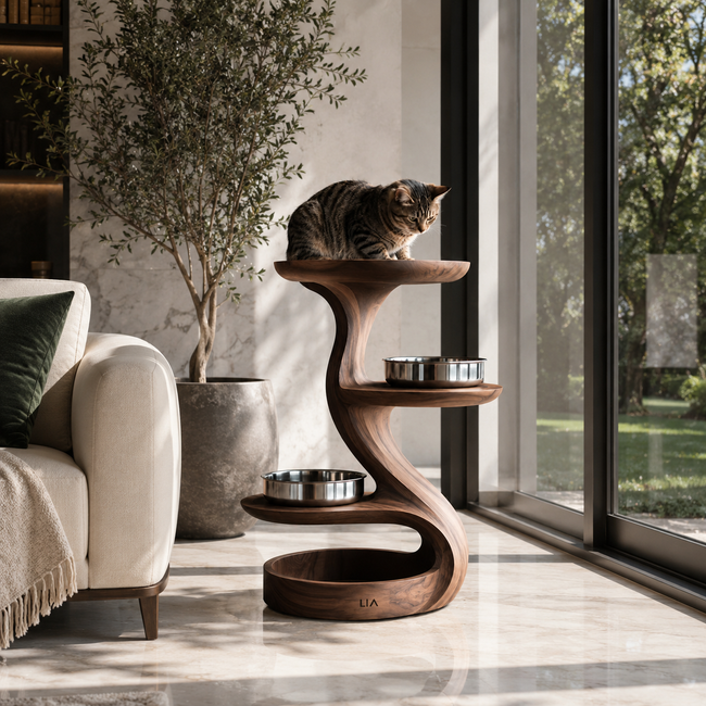 Wood Cat Tree Feeder – Solid Wood Multi-Level Cat Feeding Station for Home Decor Main Image