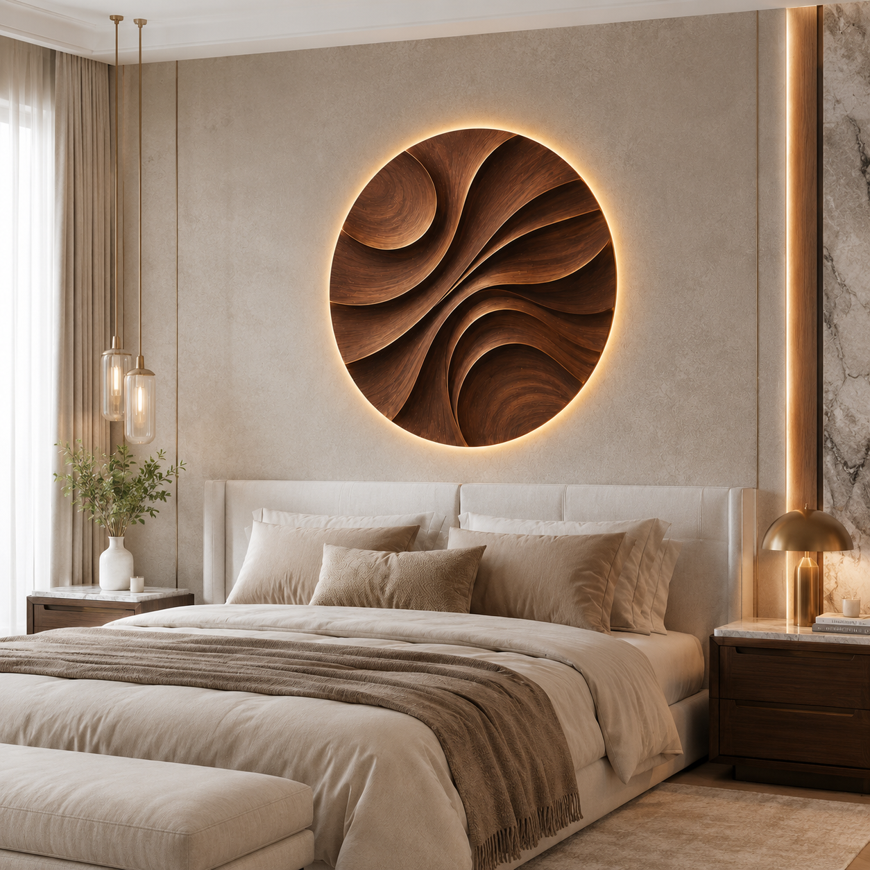 Round Wood Wall Art – Solid Wood Backlit Wall Decor for Bedroom Decor