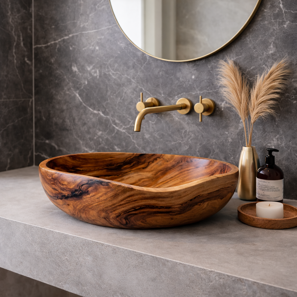 Handcrafted Wooden Round Sink - Elegant Bathroom Wash Basin