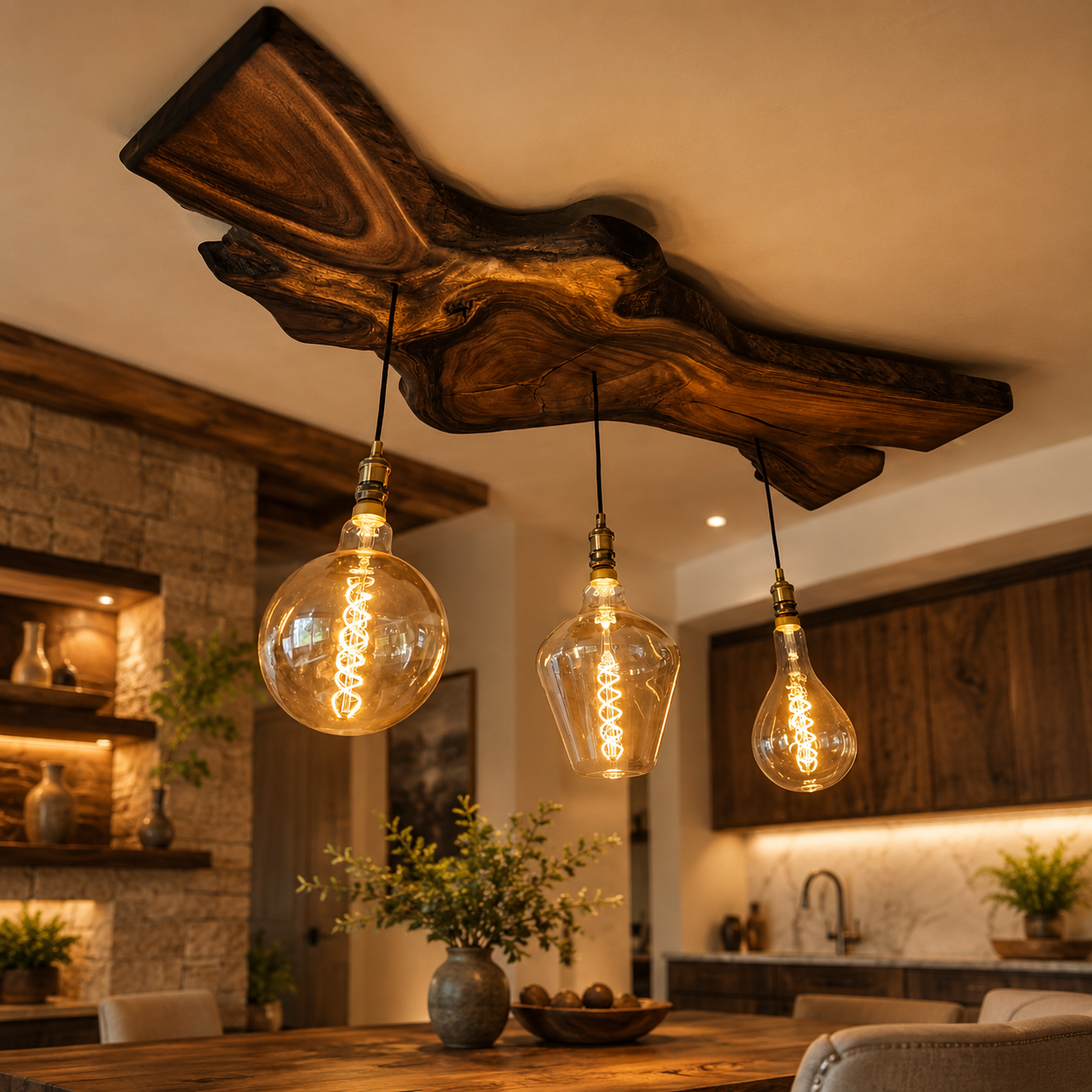 Live Edge Pendant Light – Solid Wood Ceiling Lamp with Hanging Bulbs