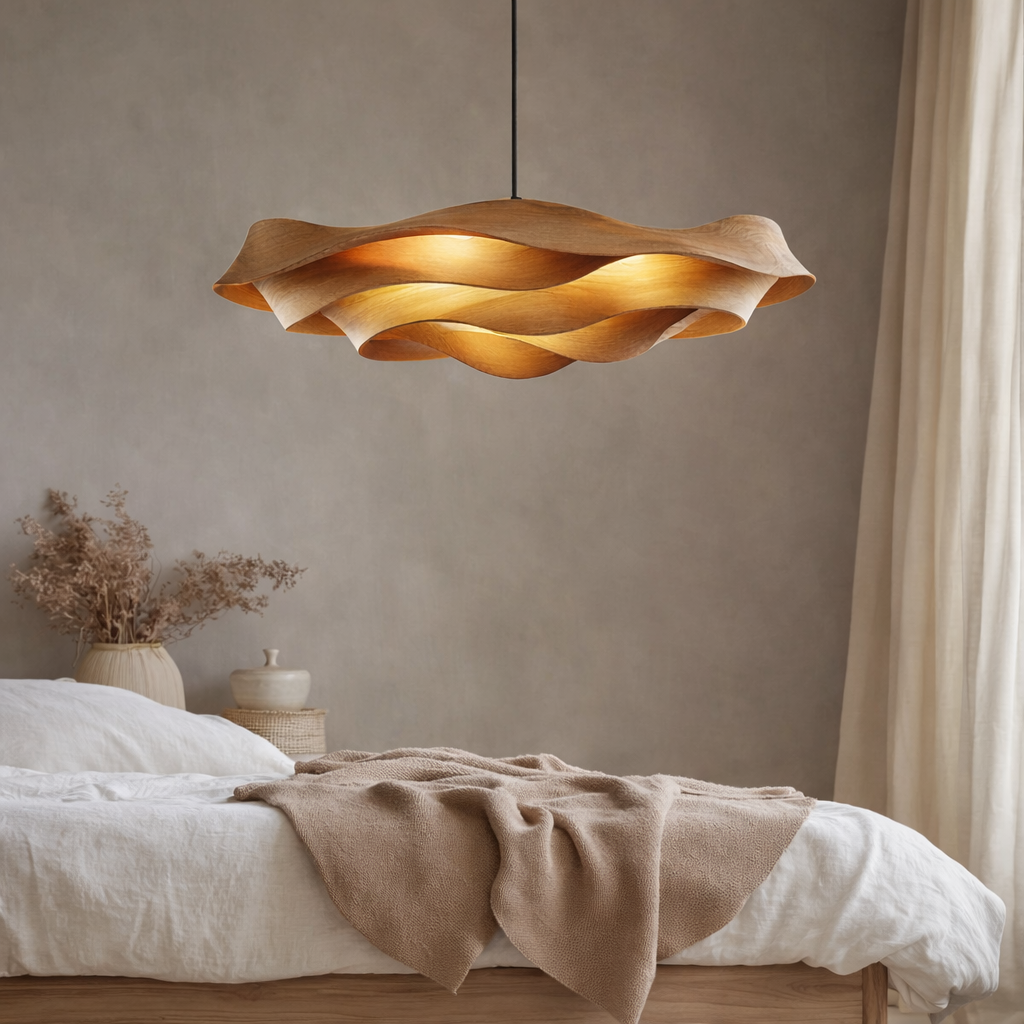 Wave-Inspired Solid Wood Pendant Light – Artistic Ceiling Lighting