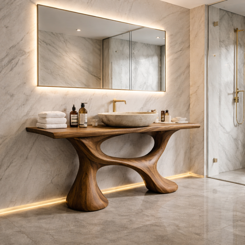 Sculptural Bathroom Vanity – Solid Wood Modern Vanity for Bathroom Decor