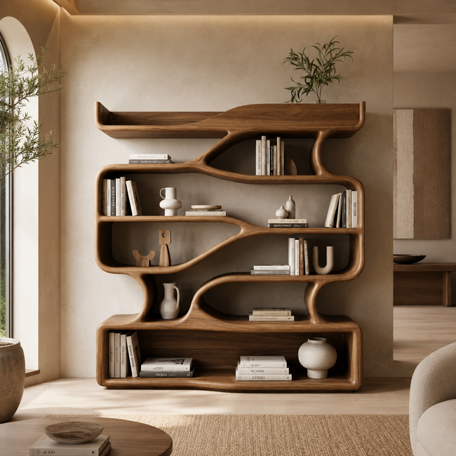 S-Shaped Bookcase – Sculptural Solid Wood Display Shelf Hover Image