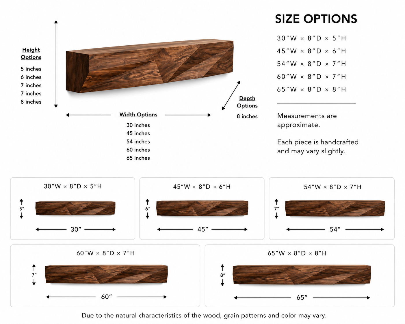 Wood Fireplace Mantel – Solid Wood Floating Shelf for Living Room Decor