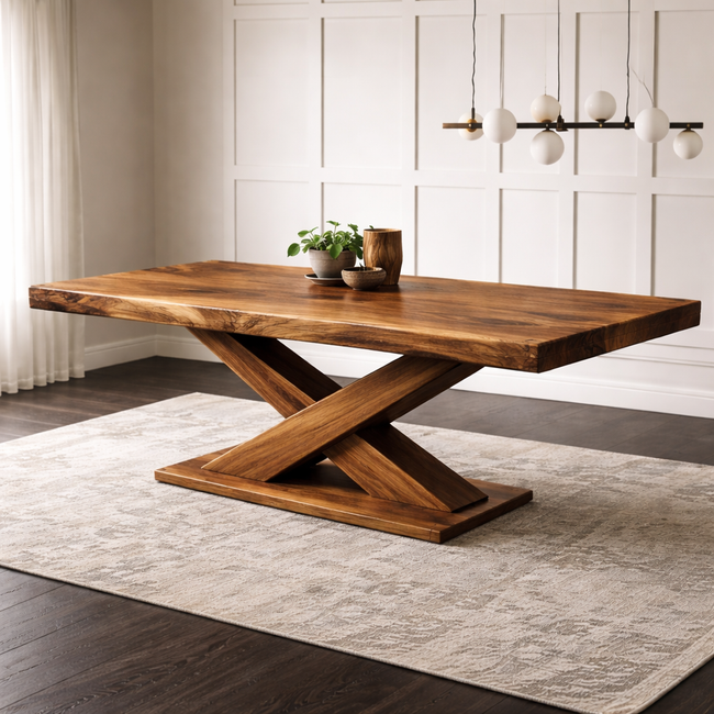 Modern Solid Wood Dining Table – Sculptural X Base Handcrafted Dining Table for Luxury Dining Rooms Hover Image