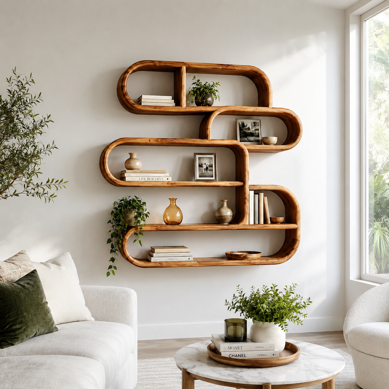 Rounded Wood Wall Shelves – Solid Wood Floating Display Shelf Set for Living Room Decor