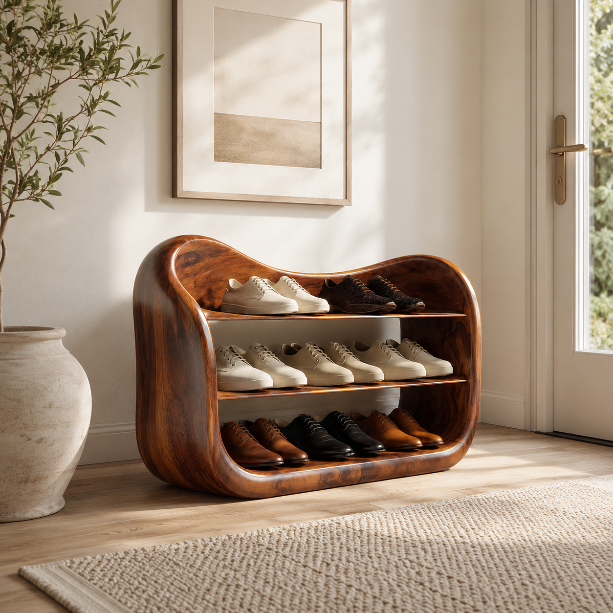 Curved Wood Shoe Rack – Solid Wood Entryway Shoe Storage Shelf for Home Decor
