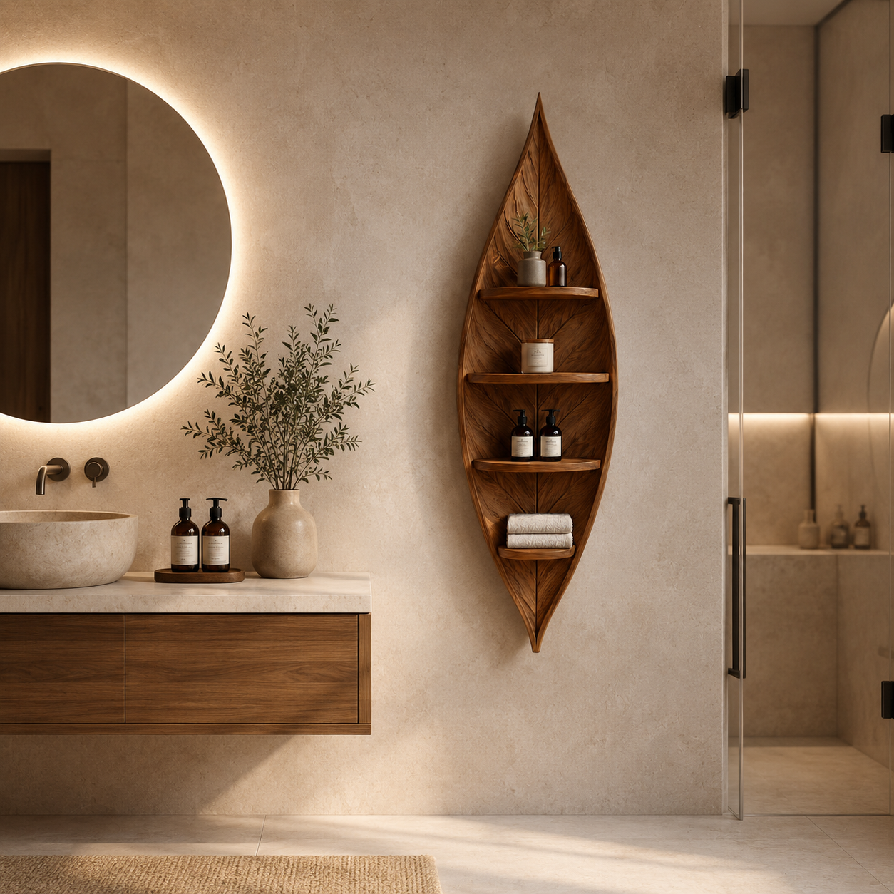 Leaf Wood Bathroom Shelf – Solid Wood Wall Mounted Display Shelf for Bathroom Decor