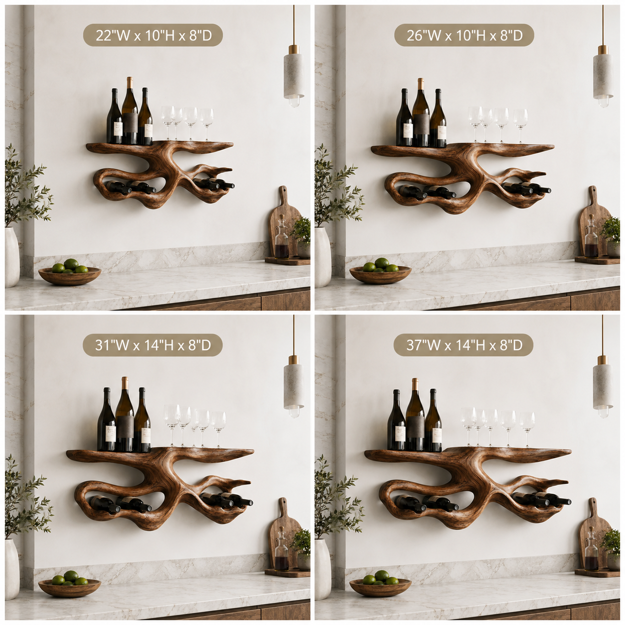 Branch Wood Wall Wine Rack – Solid Wood Bottle and Glass Display Shelf for Kitchen Decor