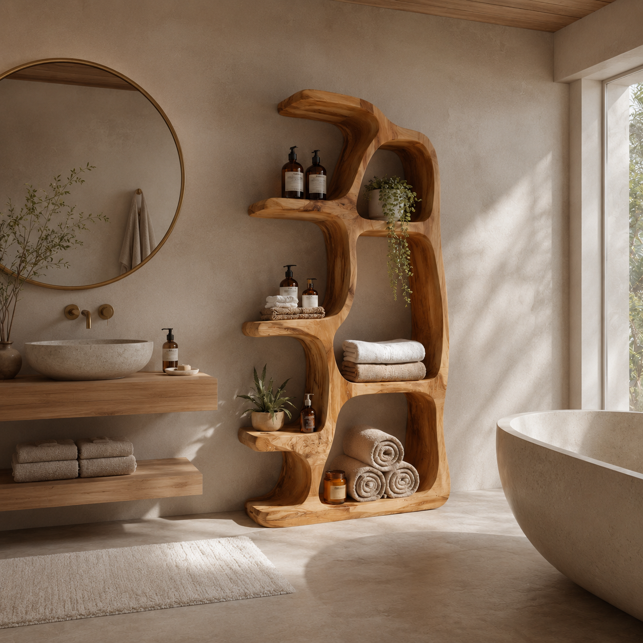 Sculptural Wood Bathroom Shelf – Solid Wood Freestanding Towel Storage Rack for Bathroom Decor