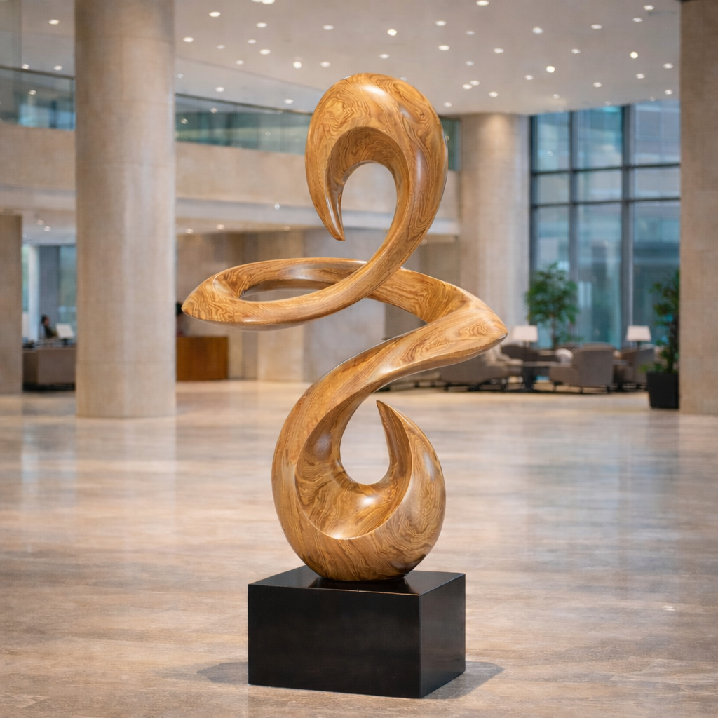 Abstract Wooden Sculpture – Modern Pedestal Art for Interior and Lobby Decor