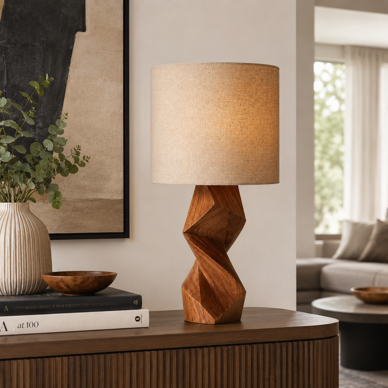 Geometric Wood Table Lamp – Solid Wood Bedside Lamp for Living Room Decor