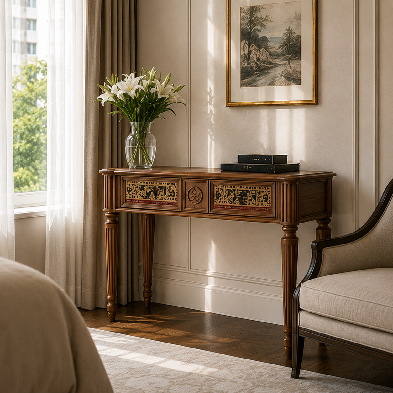 Classic Carved Wood Vanity Table with X-Frame Stool