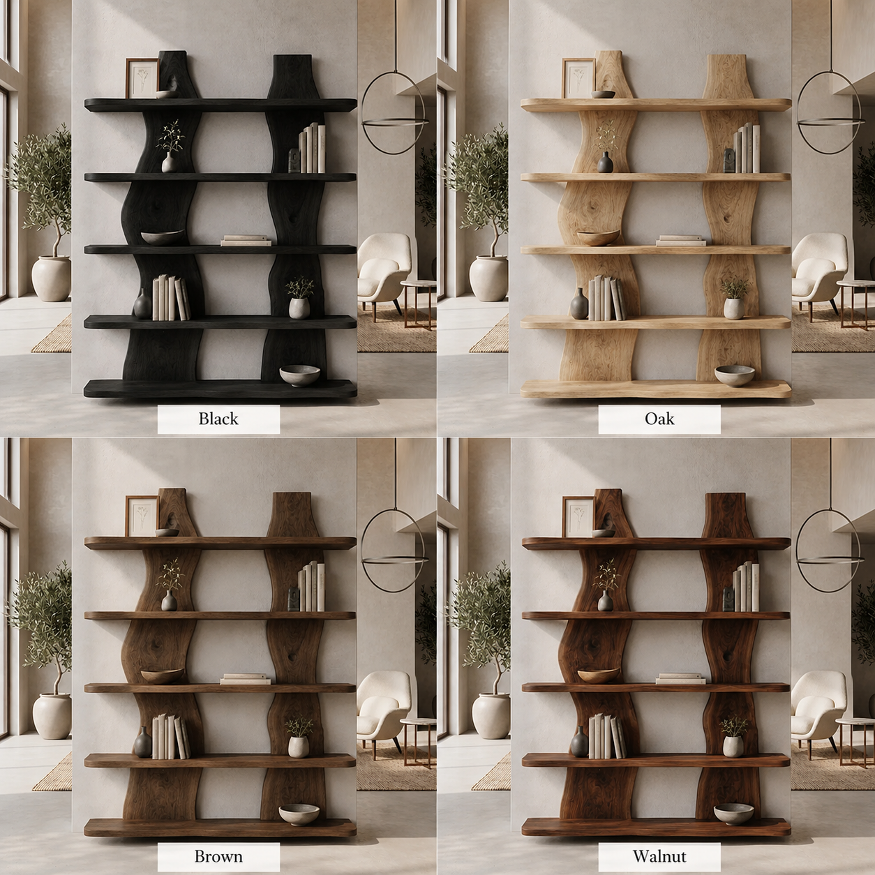 Wave Wood Bookshelf – Solid Wood Display Shelf for Living Room Decor