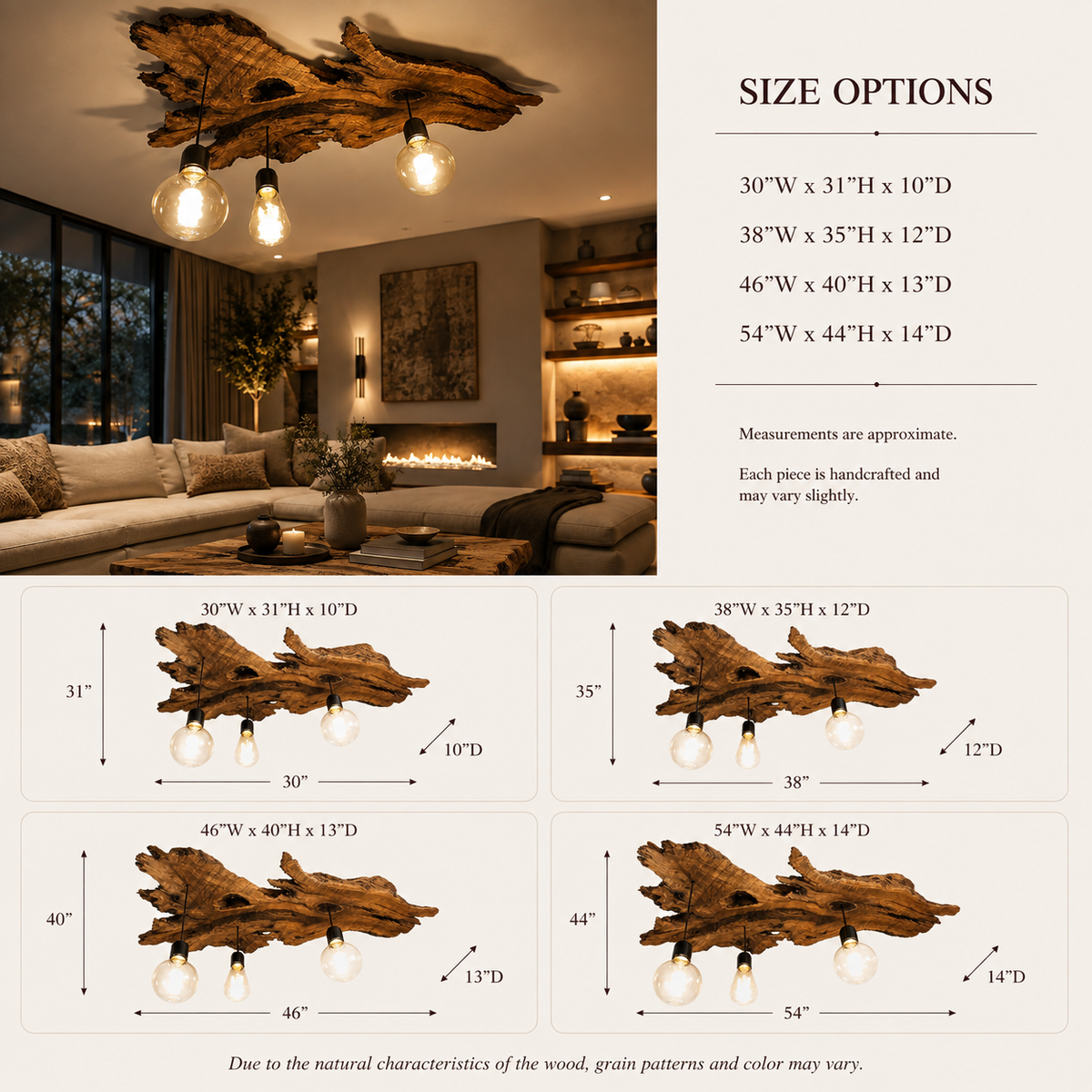 Live Edge Ceiling Light – Solid Wood Pendant Lamp with Hanging Bulbs