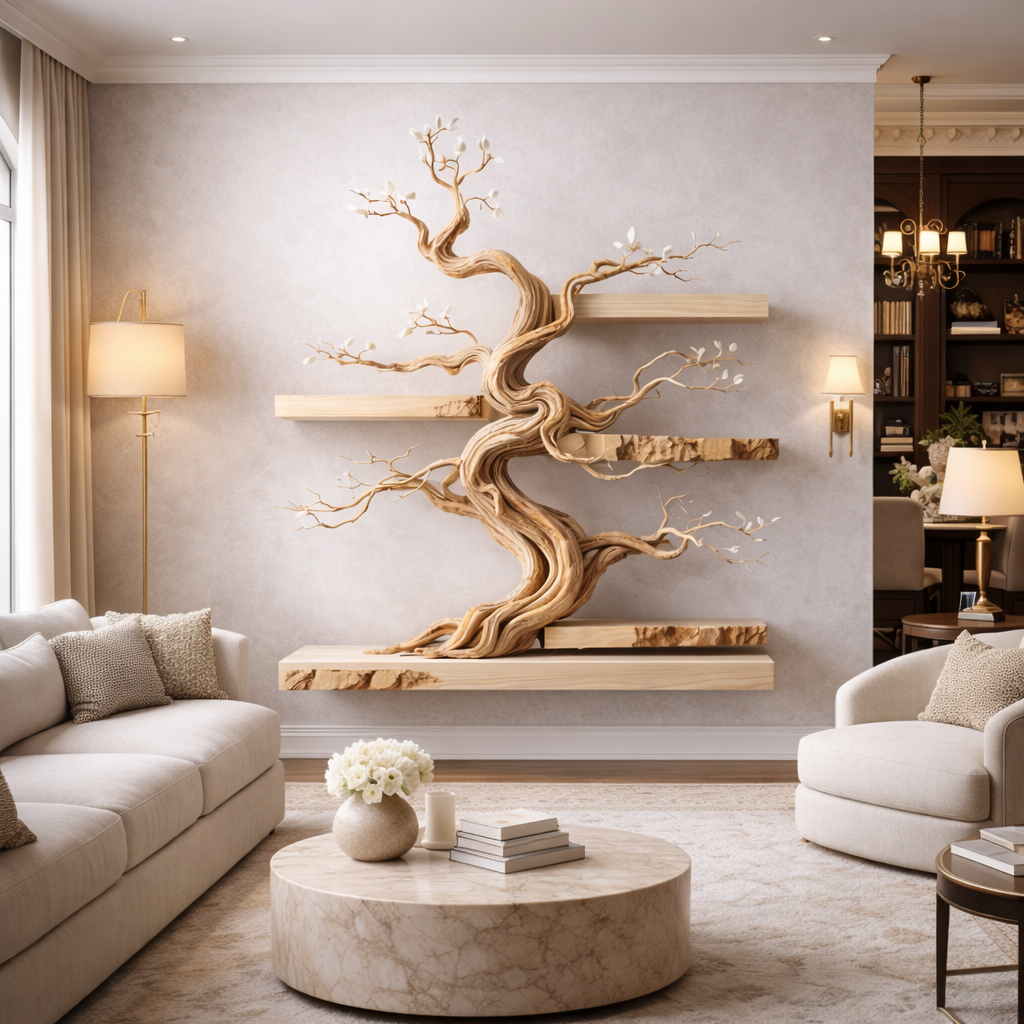 Bonsai Tree Wall Shelf – Wooden Floating Shelf Decor