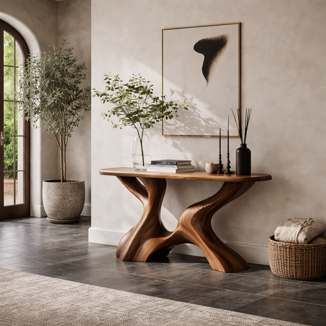 Sculptural Console Table – Solid Wood Artistic Base Table for Entryway Decor Main Image