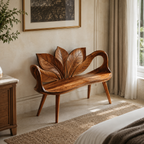 Leaf Back Wood Bench – Solid Wood Entryway Bench with Sculptural Leaf Design for Home Decor