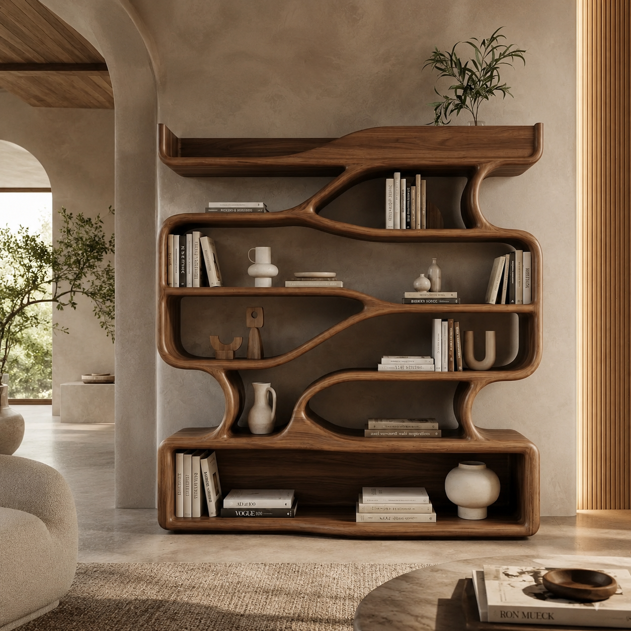 S-Shaped Bookcase – Sculptural Solid Wood Display Shelf