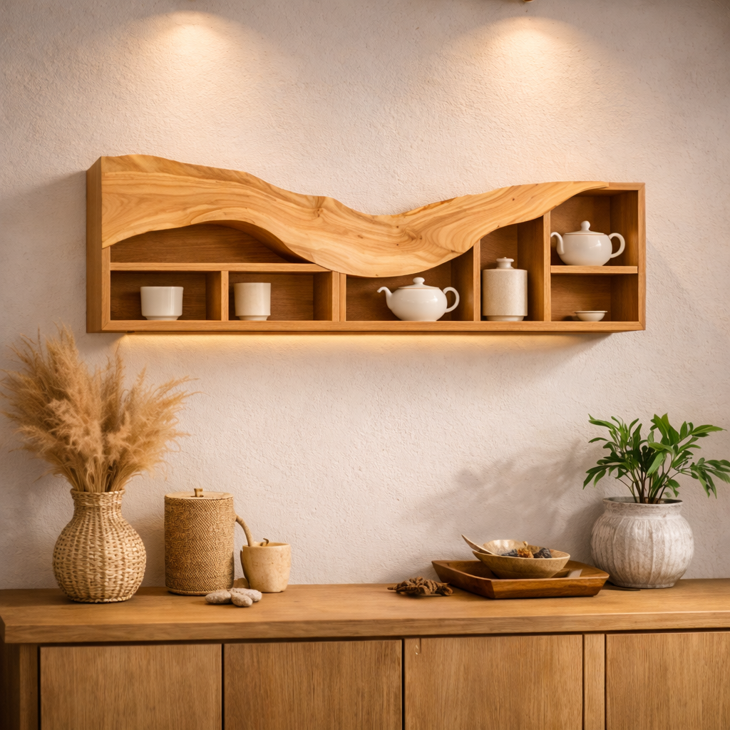 Curved Floating Shelf – Sculptural Solid Wood Wall Shelf with Storage