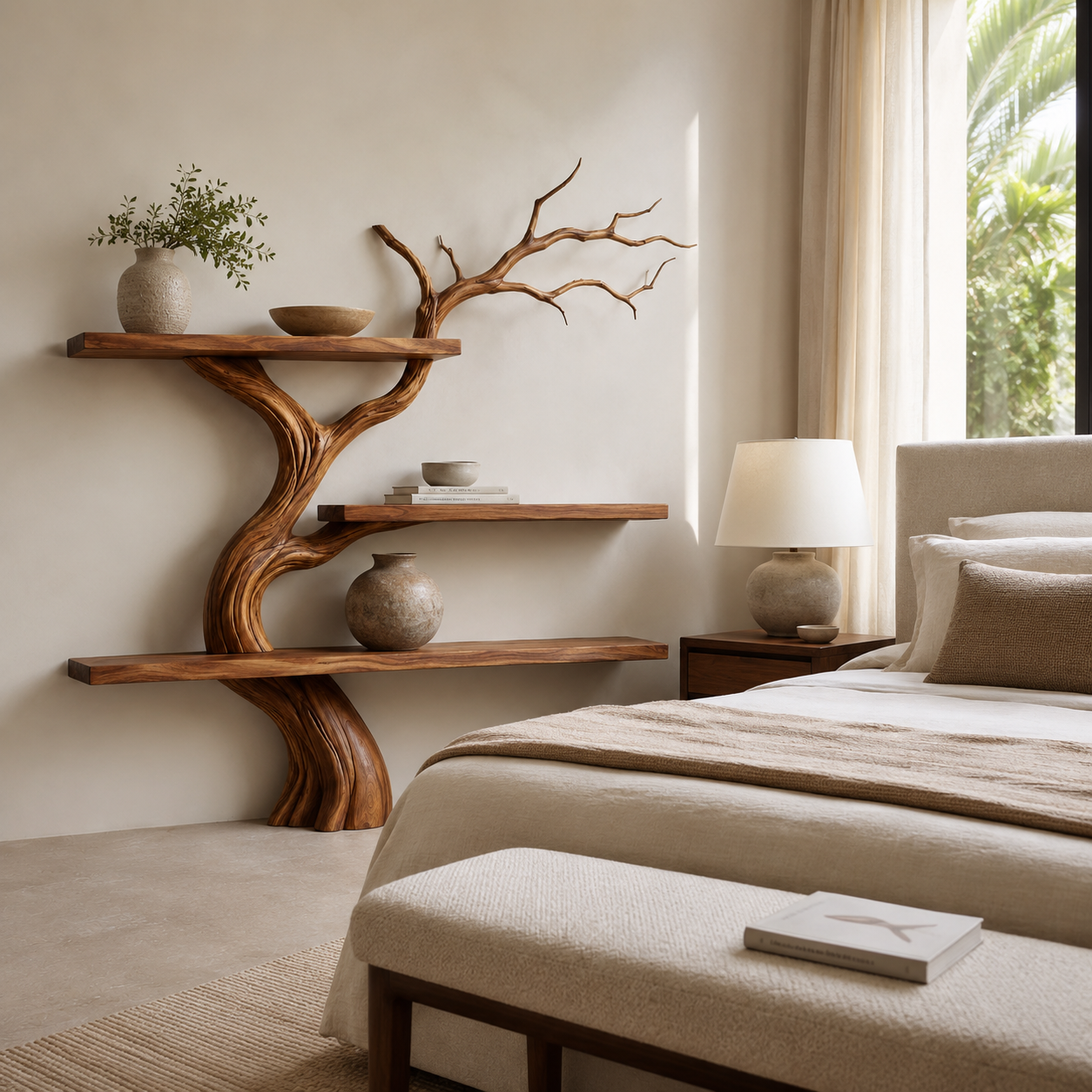 Tree Branch Wood Bookshelf – Solid Wood Wall Shelf with Sculptural Tree Design