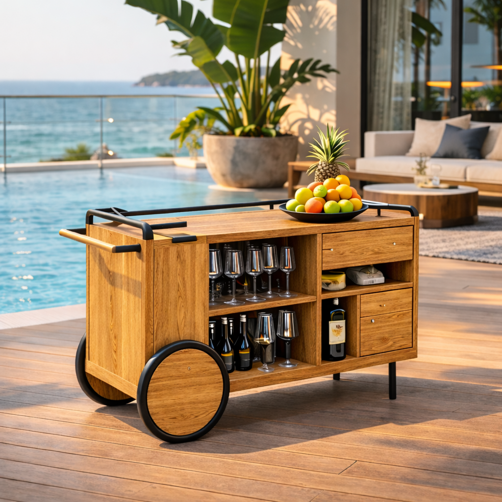 Outdoor Bar Cart – Rustic Solid Wood Cart with Wheels and Wine Storage