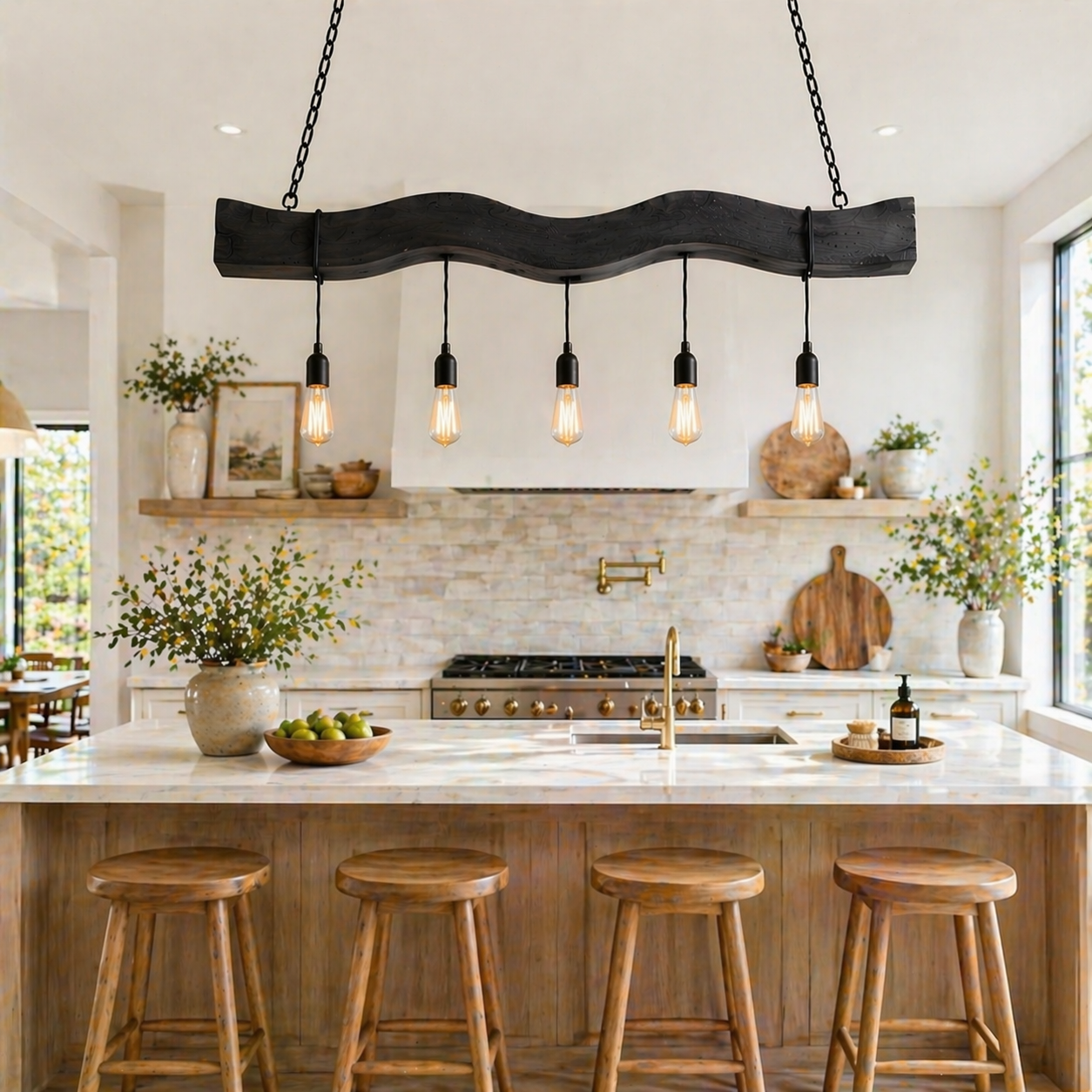 Kitchen Island Pendant Light – Solid Wood Hanging Lamp with Multiple Bulbs for Kitchen Decor