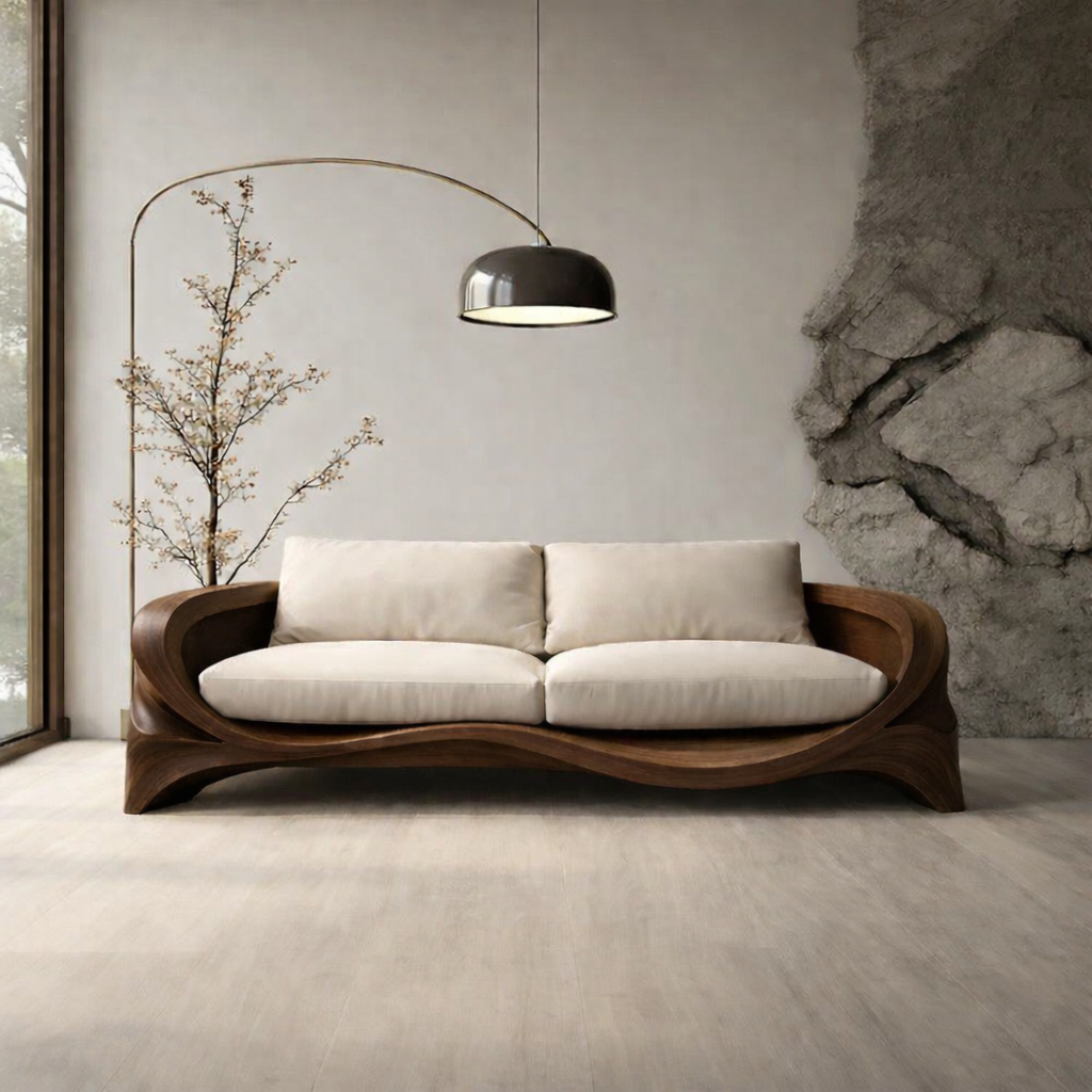 Solid Wood Curved Sofa with Cushions – Sculptural Modern Design