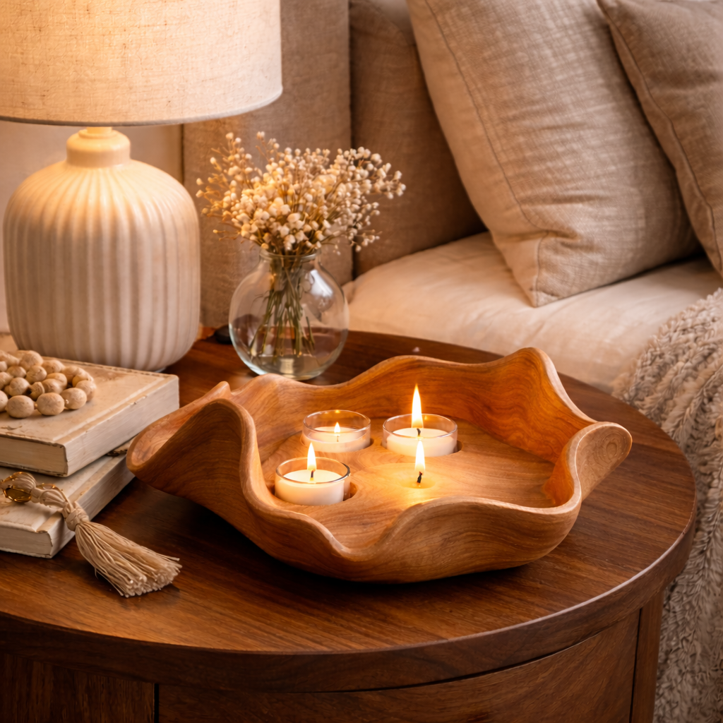 Lotus Candle Bowl – Hand-Carved Wooden Tealight Holder
