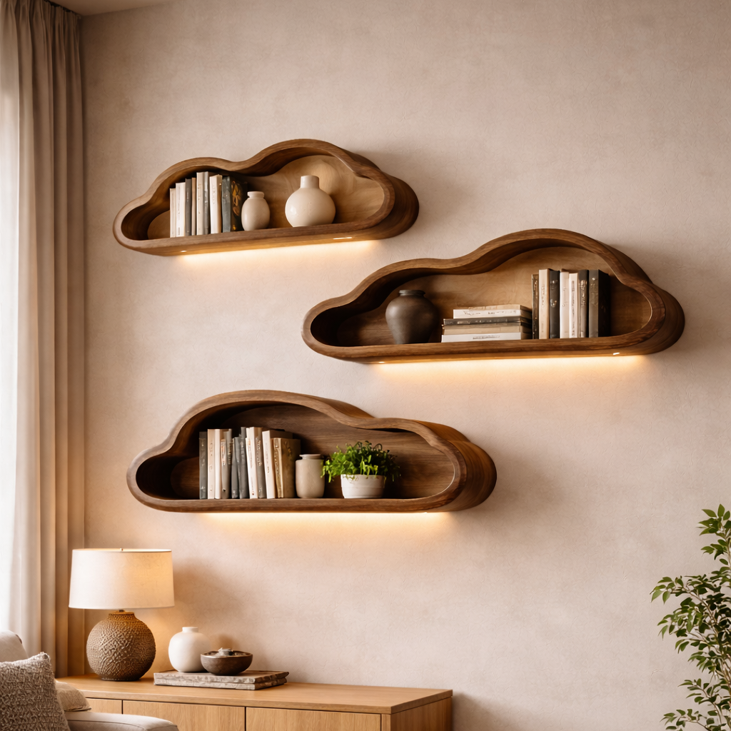 Solid Wood Sculptural Cloud Floating Shelves – Wall Display