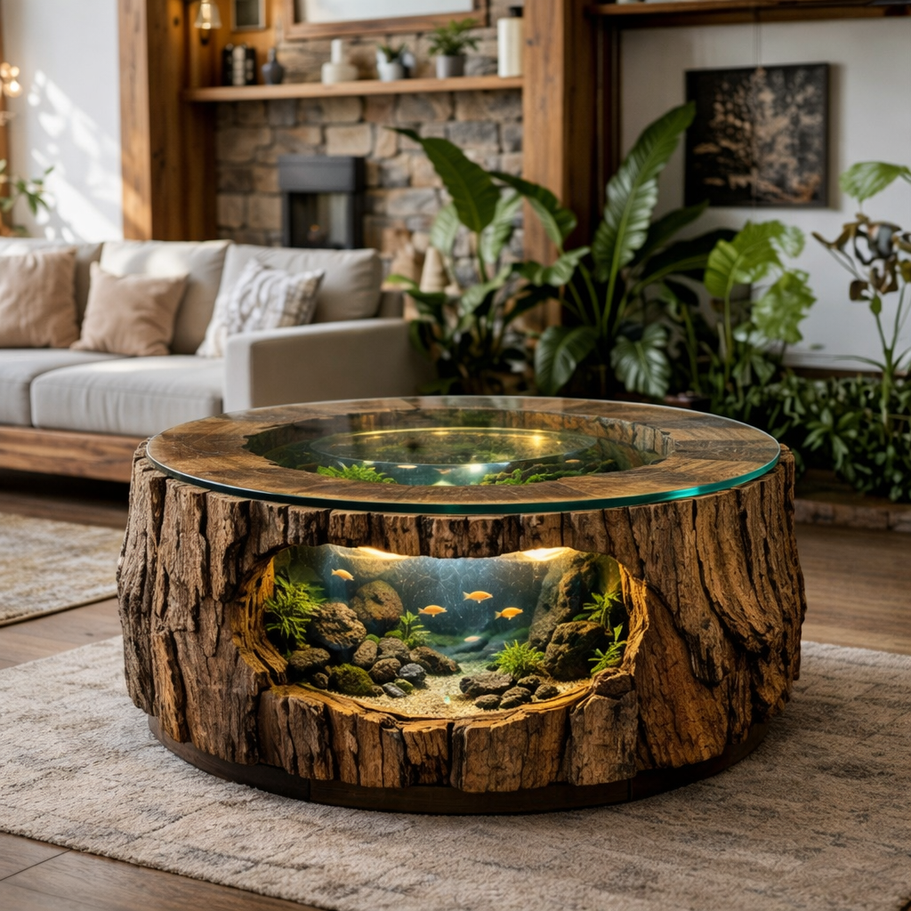 Solid Wood Live Edge Aquarium Coffee Table – Tree Trunk Fish Tank Design
