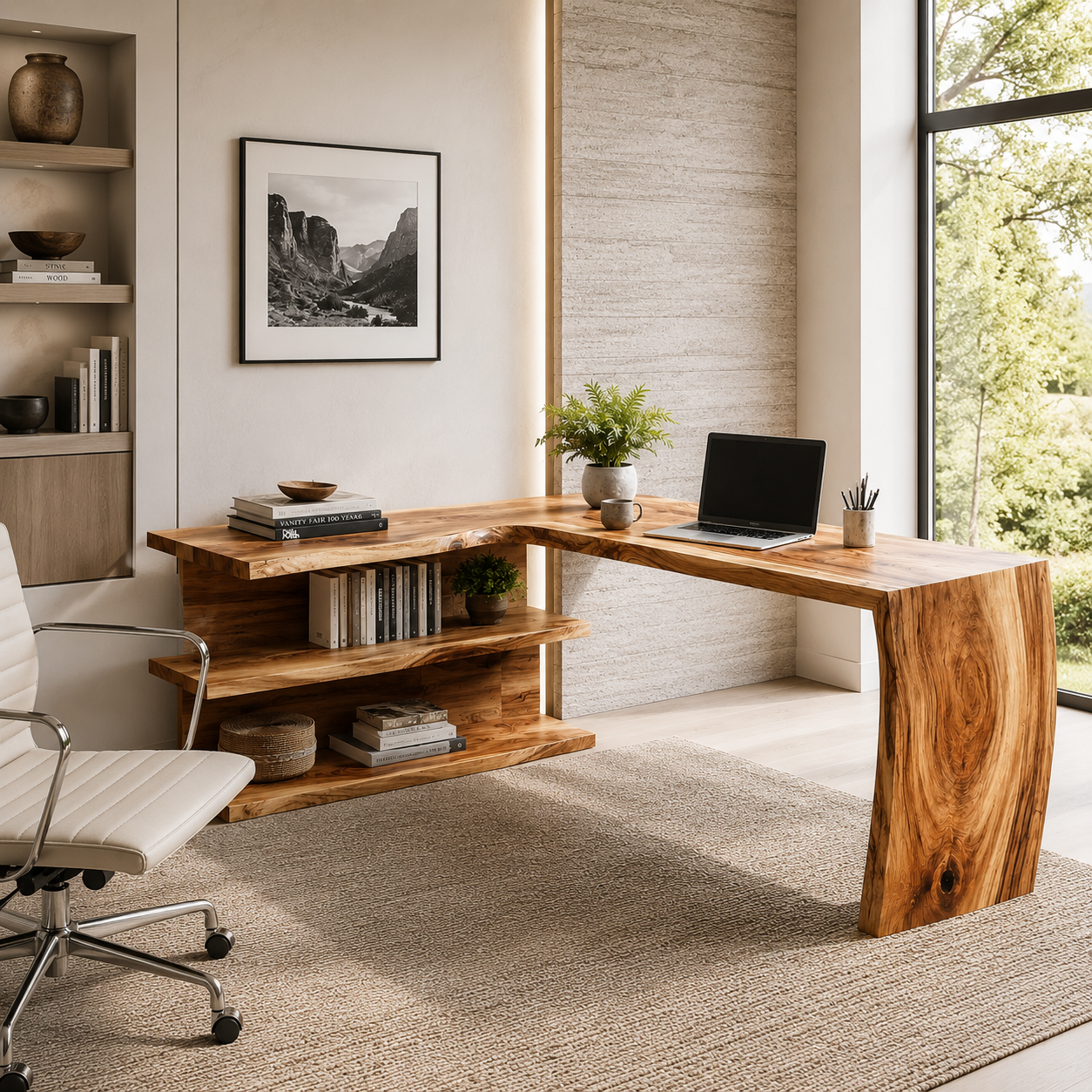 L Shaped Wood Desk – Solid Wood Computer Desk with Storage Shelf for Home Office Decor