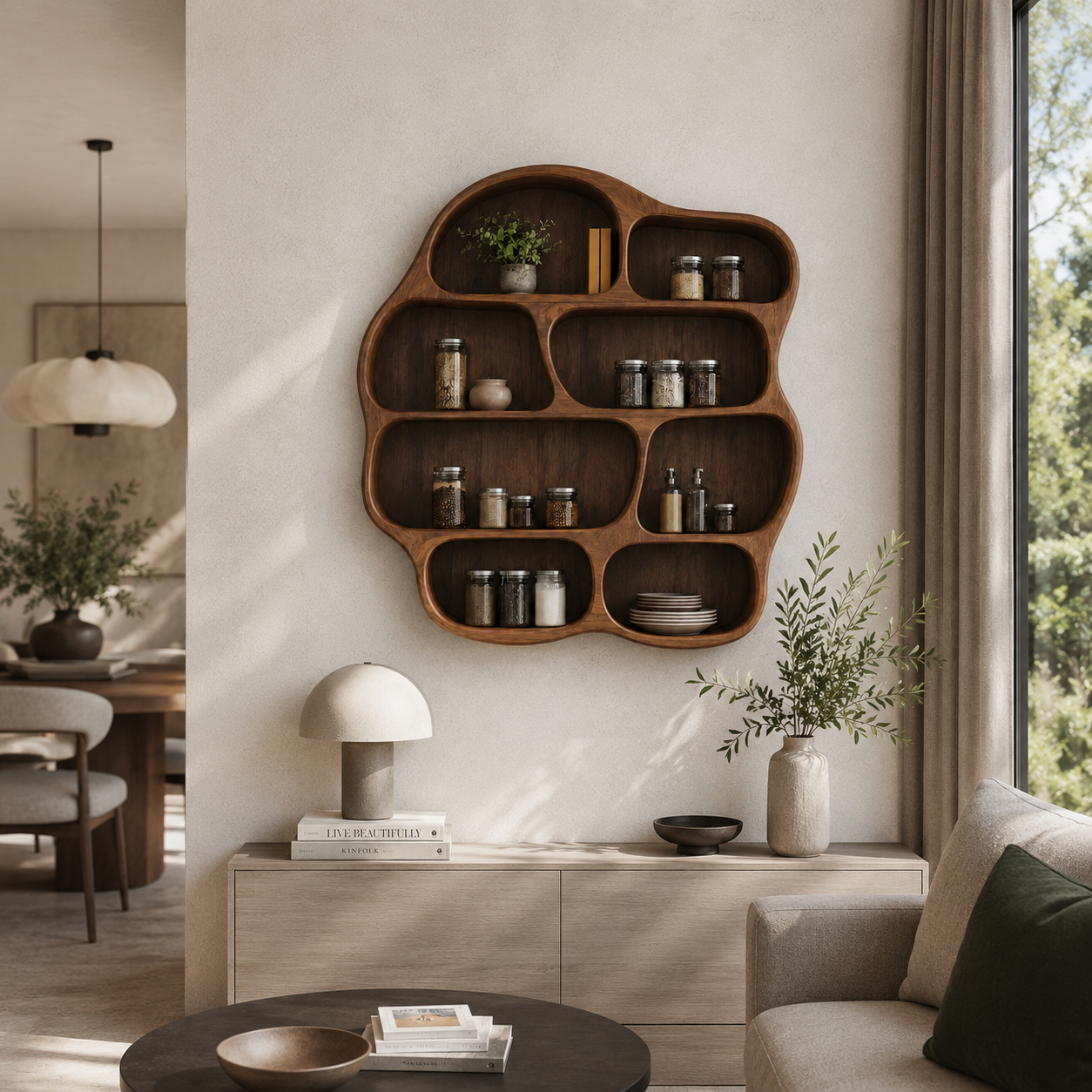 Organic Wood Wall Shelf – Solid Wood Floating Display Shelf for Living Room Decor