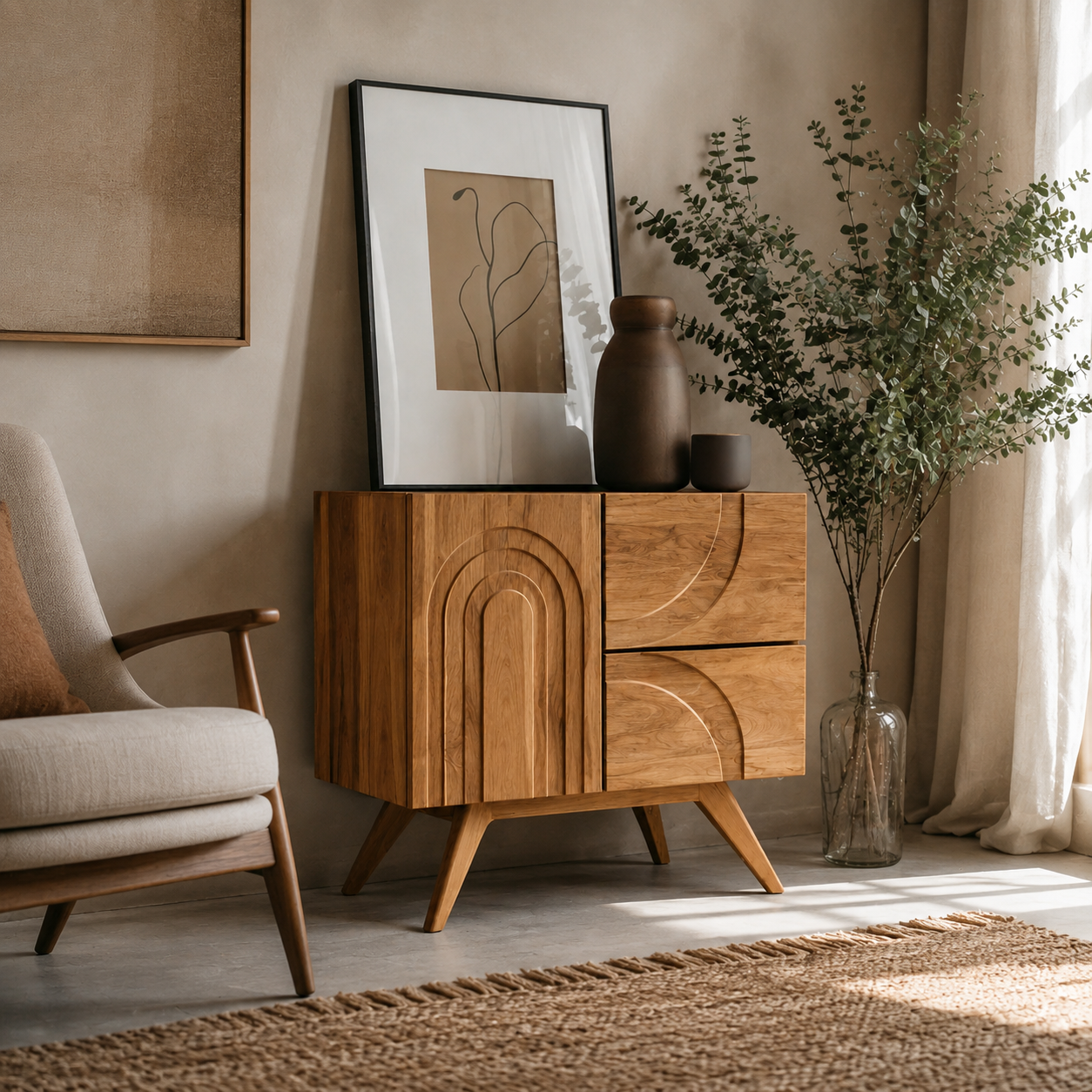 Arch Carved Wood Accent Cabinet