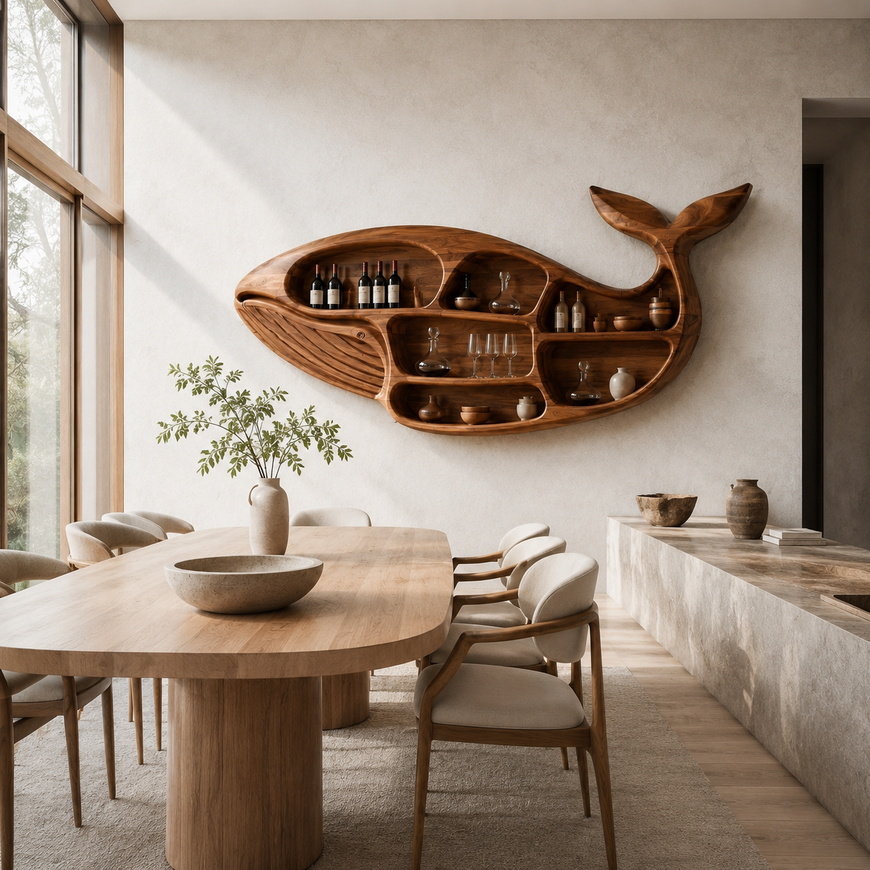 Whale Shaped Wood Wall Shelf – Solid Wood Display Shelf for Dining Room and Home Bar Decor