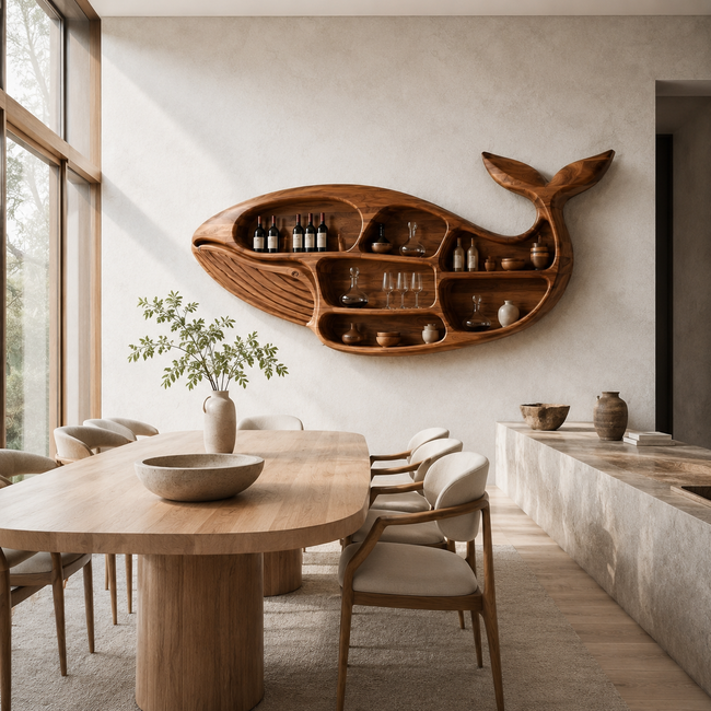 Whale Shaped Wood Wall Shelf – Solid Wood Display Shelf for Dining Room and Home Bar Decor Hover Image