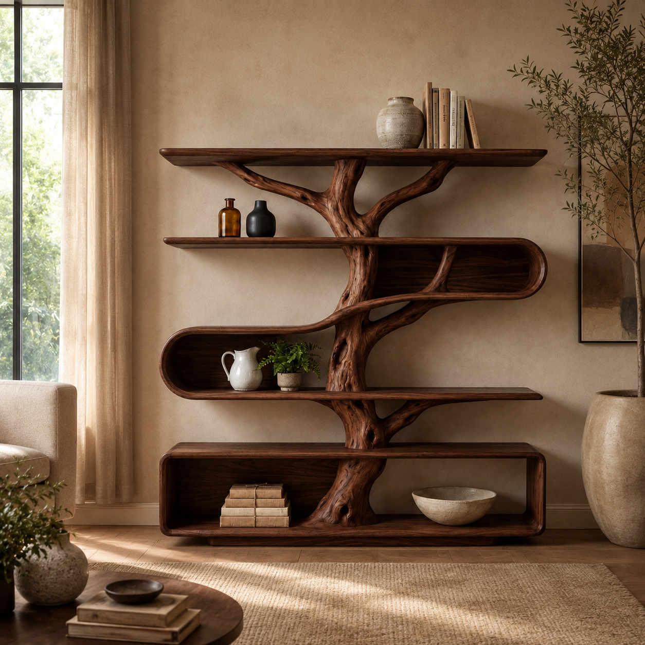 Tree Branch Bookcase – Sculptural Solid Wood Display Shelf